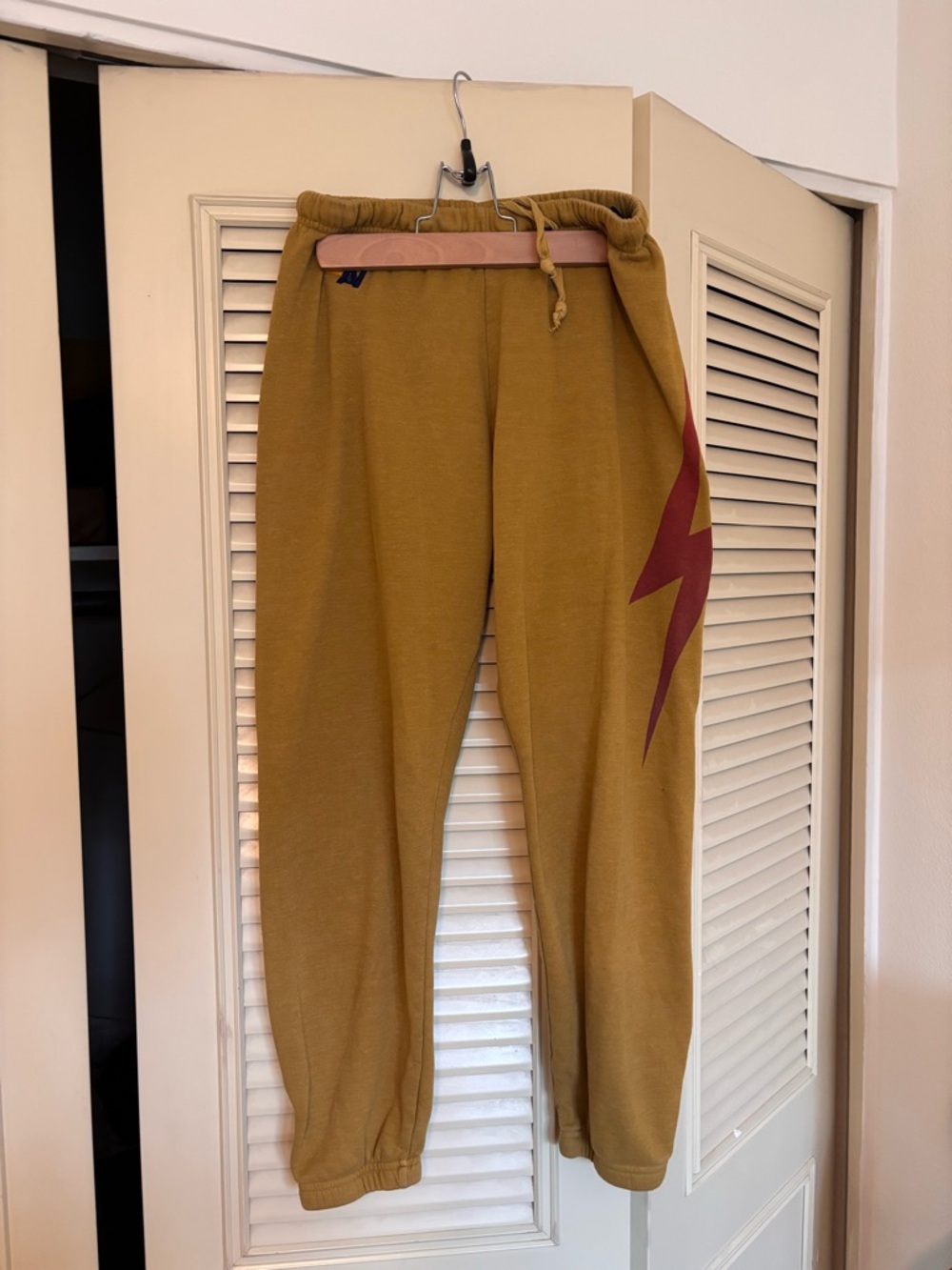 Aviator Nation Mustard Yellow Sweatpants with Maroon Lightning Bolt Accent XS